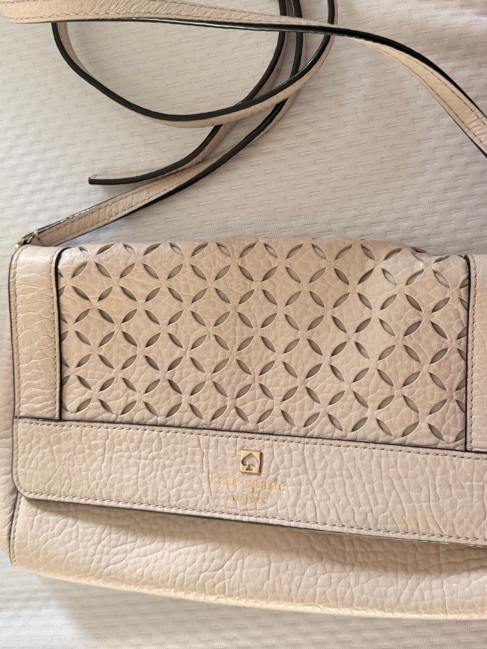 kate spade Cream Perforated Leather Crossbody with Gold Logo